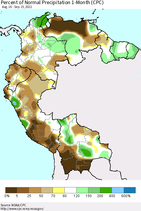 Northern South America Percent of Normal Precipitation 1-Month (CPC) Thematic Map For 8/16/2022 - 9/15/2022