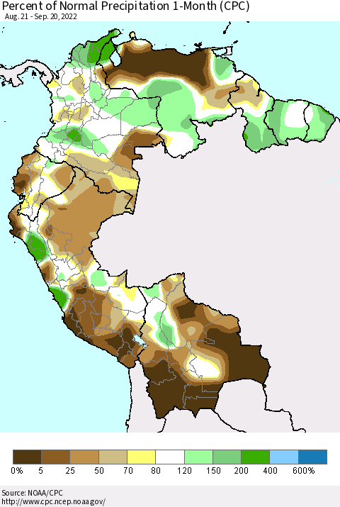 Northern South America Percent of Normal Precipitation 1-Month (CPC) Thematic Map For 8/21/2022 - 9/20/2022
