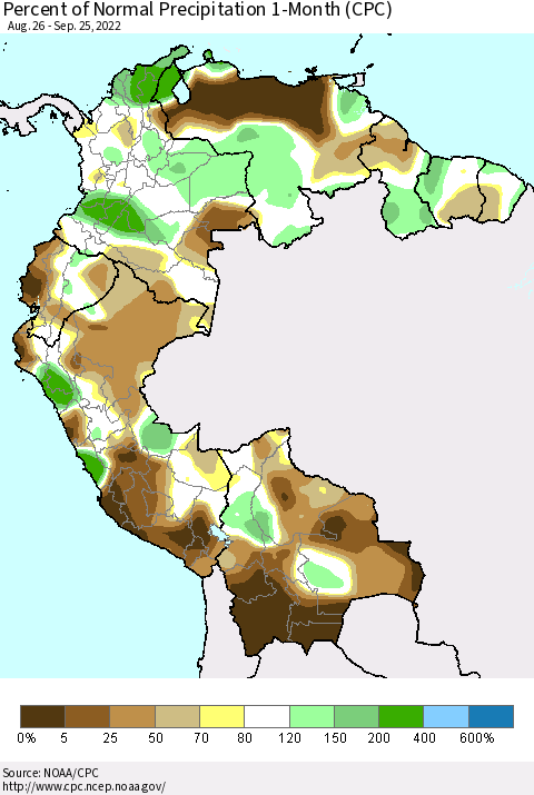 Northern South America Percent of Normal Precipitation 1-Month (CPC) Thematic Map For 8/26/2022 - 9/25/2022
