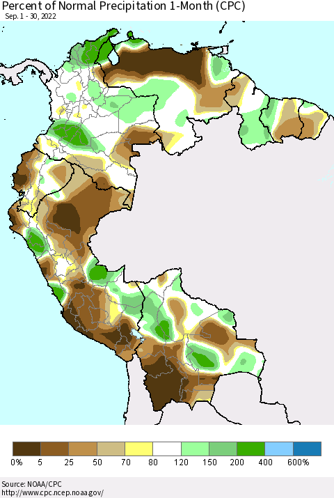 Northern South America Percent of Normal Precipitation 1-Month (CPC) Thematic Map For 9/1/2022 - 9/30/2022