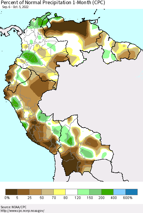 Northern South America Percent of Normal Precipitation 1-Month (CPC) Thematic Map For 9/6/2022 - 10/5/2022