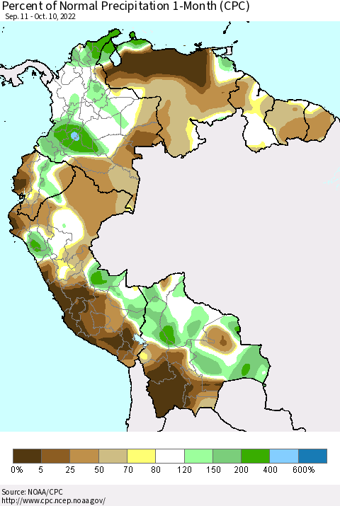 Northern South America Percent of Normal Precipitation 1-Month (CPC) Thematic Map For 9/11/2022 - 10/10/2022