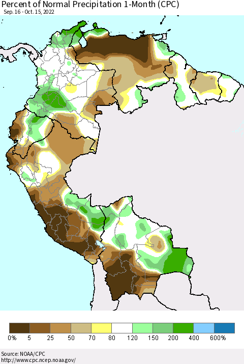 Northern South America Percent of Normal Precipitation 1-Month (CPC) Thematic Map For 9/16/2022 - 10/15/2022