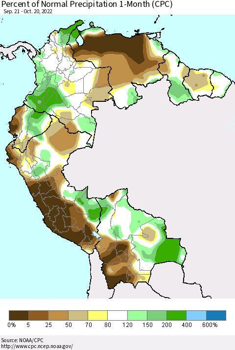Northern South America Percent of Normal Precipitation 1-Month (CPC) Thematic Map For 9/21/2022 - 10/20/2022