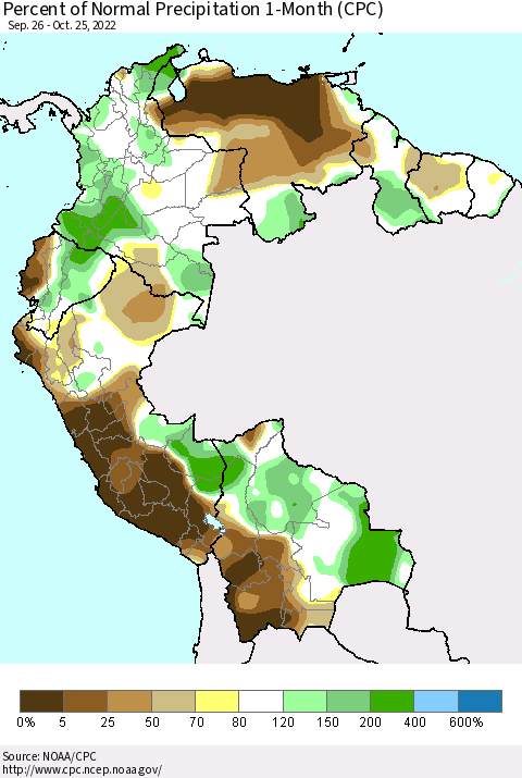 Northern South America Percent of Normal Precipitation 1-Month (CPC) Thematic Map For 9/26/2022 - 10/25/2022