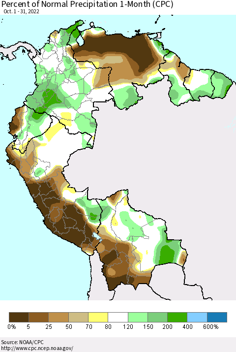 Northern South America Percent of Normal Precipitation 1-Month (CPC) Thematic Map For 10/1/2022 - 10/31/2022