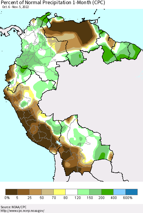 Northern South America Percent of Normal Precipitation 1-Month (CPC) Thematic Map For 10/6/2022 - 11/5/2022