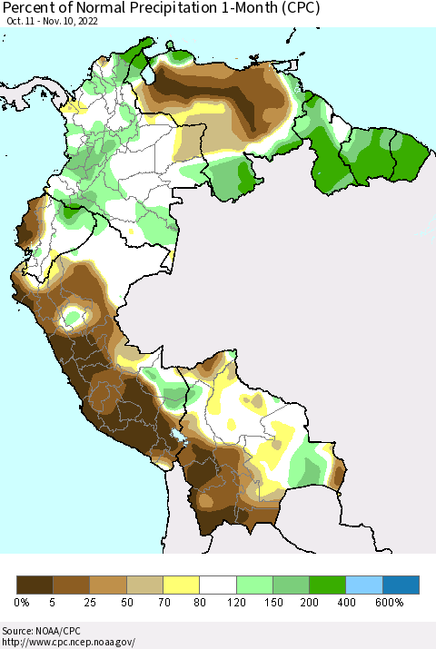 Northern South America Percent of Normal Precipitation 1-Month (CPC) Thematic Map For 10/11/2022 - 11/10/2022