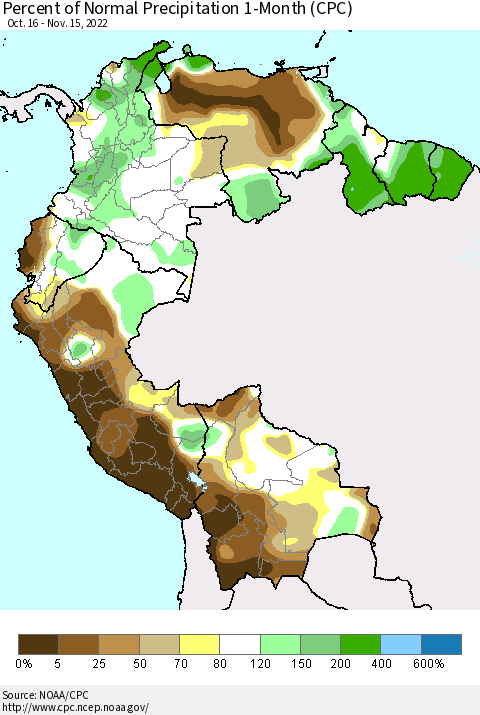 Northern South America Percent of Normal Precipitation 1-Month (CPC) Thematic Map For 10/16/2022 - 11/15/2022
