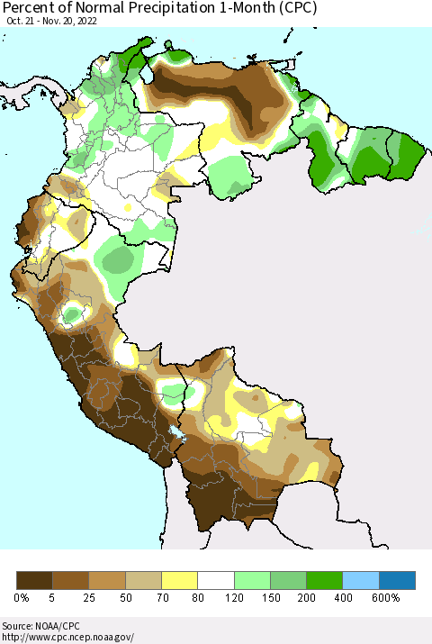 Northern South America Percent of Normal Precipitation 1-Month (CPC) Thematic Map For 10/21/2022 - 11/20/2022