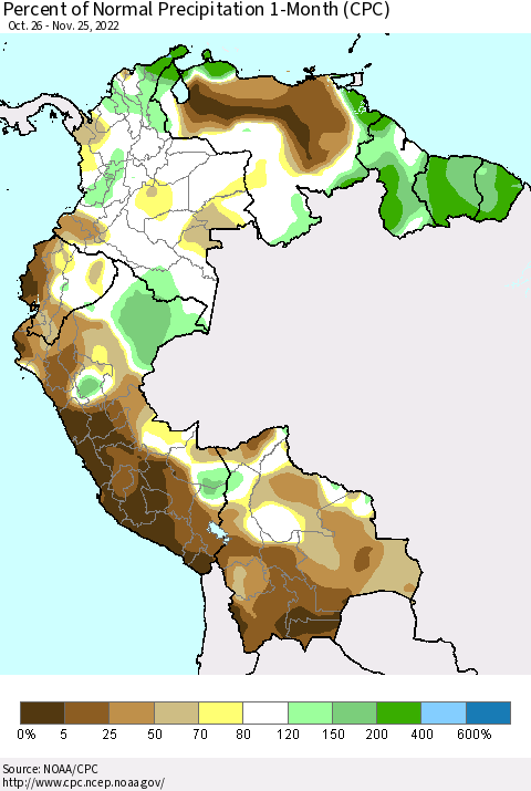 Northern South America Percent of Normal Precipitation 1-Month (CPC) Thematic Map For 10/26/2022 - 11/25/2022