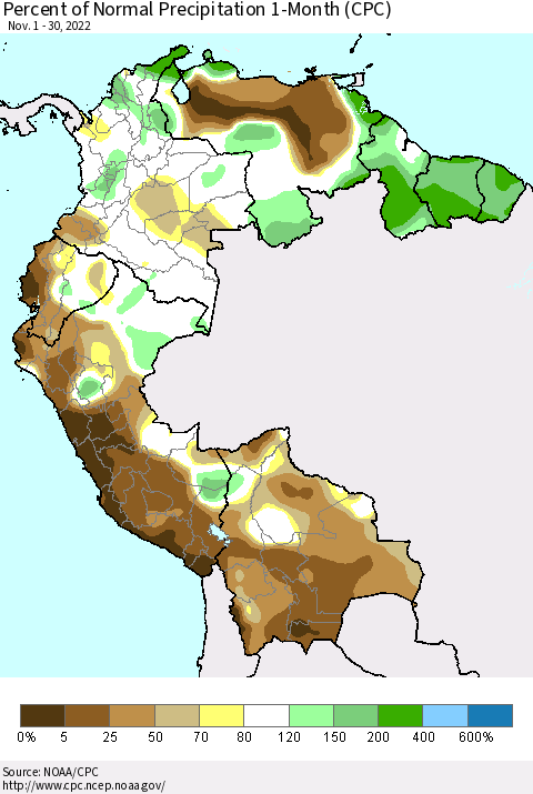 Northern South America Percent of Normal Precipitation 1-Month (CPC) Thematic Map For 11/1/2022 - 11/30/2022