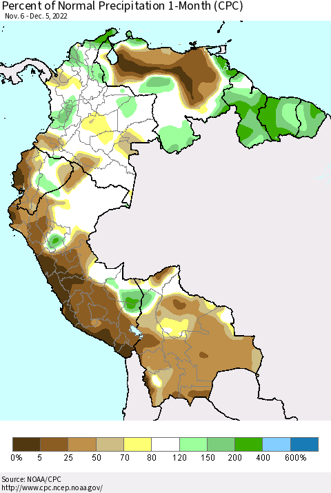 Northern South America Percent of Normal Precipitation 1-Month (CPC) Thematic Map For 11/6/2022 - 12/5/2022