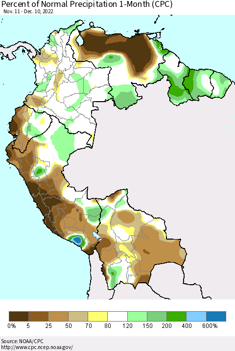 Northern South America Percent of Normal Precipitation 1-Month (CPC) Thematic Map For 11/11/2022 - 12/10/2022