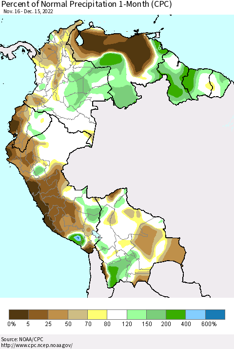 Northern South America Percent of Normal Precipitation 1-Month (CPC) Thematic Map For 11/16/2022 - 12/15/2022