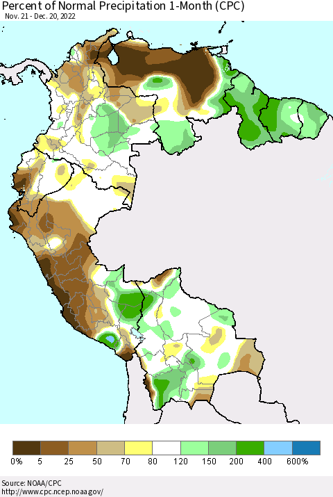 Northern South America Percent of Normal Precipitation 1-Month (CPC) Thematic Map For 11/21/2022 - 12/20/2022