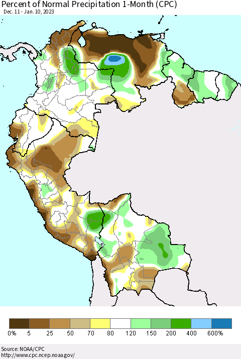 Northern South America Percent of Normal Precipitation 1-Month (CPC) Thematic Map For 12/11/2022 - 1/10/2023