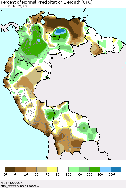 Northern South America Percent of Normal Precipitation 1-Month (CPC) Thematic Map For 12/21/2022 - 1/20/2023