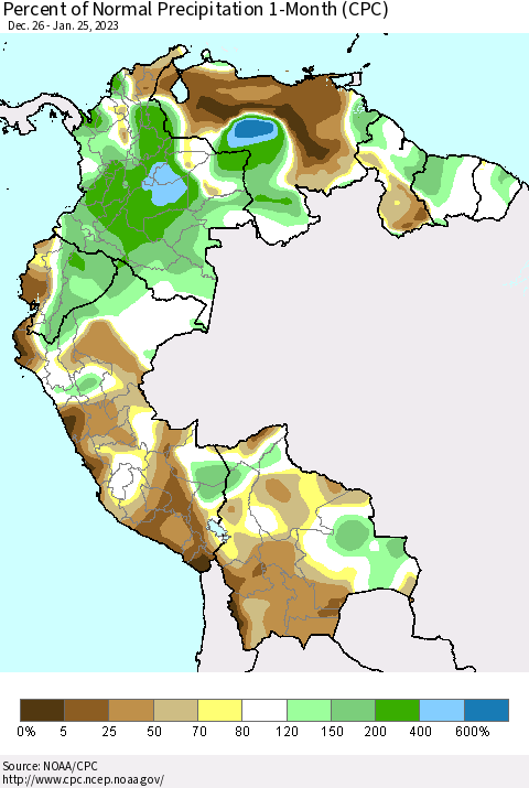 Northern South America Percent of Normal Precipitation 1-Month (CPC) Thematic Map For 12/26/2022 - 1/25/2023