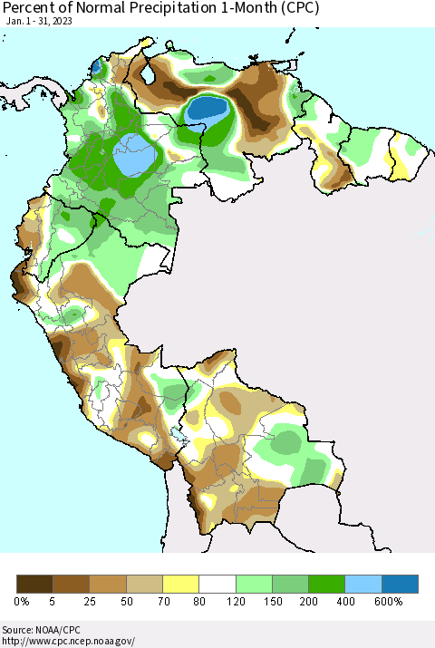 Northern South America Percent of Normal Precipitation 1-Month (CPC) Thematic Map For 1/1/2023 - 1/31/2023