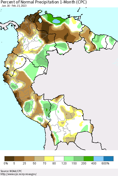 Northern South America Percent of Normal Precipitation 1-Month (CPC) Thematic Map For 1/16/2023 - 2/15/2023