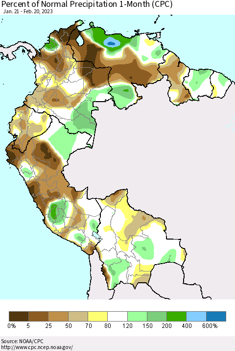 Northern South America Percent of Normal Precipitation 1-Month (CPC) Thematic Map For 1/21/2023 - 2/20/2023