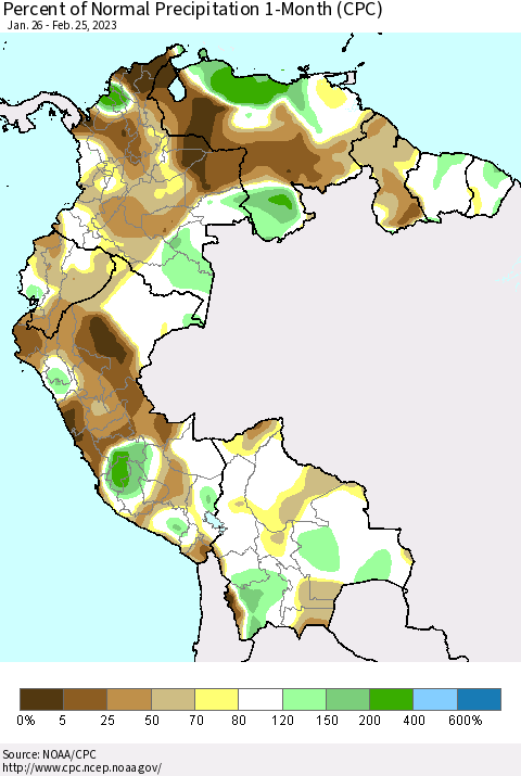 Northern South America Percent of Normal Precipitation 1-Month (CPC) Thematic Map For 1/26/2023 - 2/25/2023
