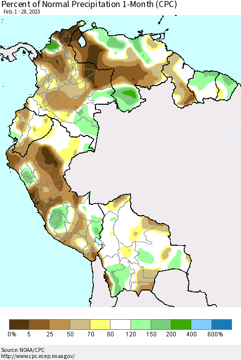 Northern South America Percent of Normal Precipitation 1-Month (CPC) Thematic Map For 2/1/2023 - 2/28/2023