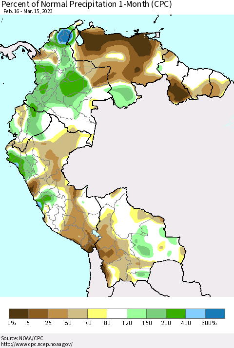 Northern South America Percent of Normal Precipitation 1-Month (CPC) Thematic Map For 2/16/2023 - 3/15/2023