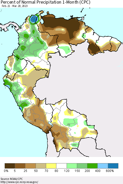 Northern South America Percent of Normal Precipitation 1-Month (CPC) Thematic Map For 2/21/2023 - 3/20/2023