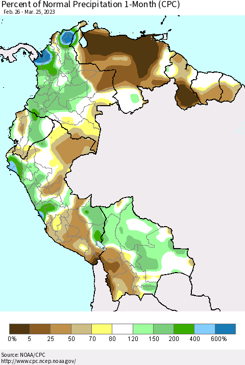 Northern South America Percent of Normal Precipitation 1-Month (CPC) Thematic Map For 2/26/2023 - 3/25/2023