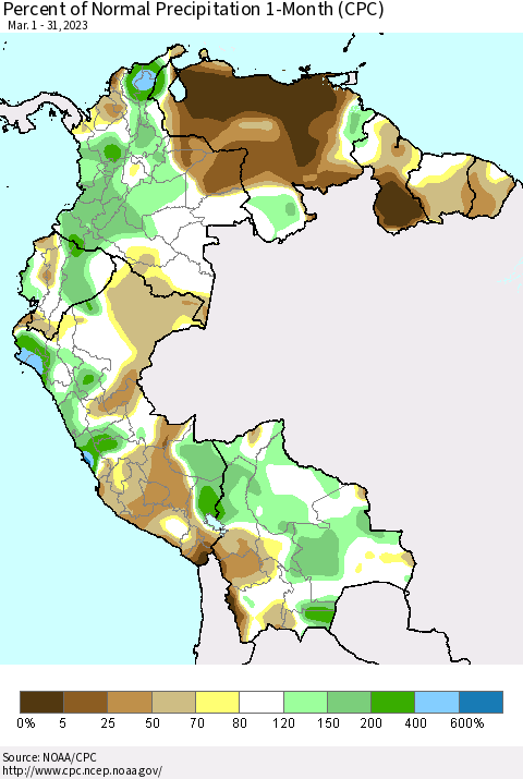 Northern South America Percent of Normal Precipitation 1-Month (CPC) Thematic Map For 3/1/2023 - 3/31/2023