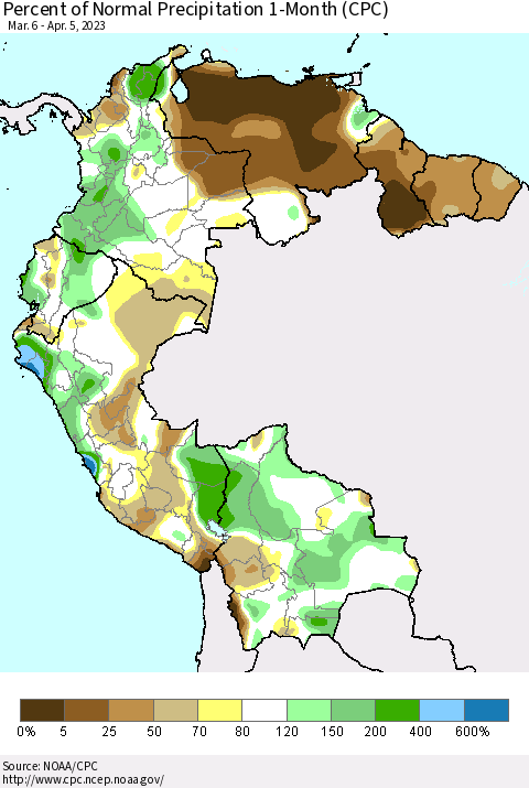 Northern South America Percent of Normal Precipitation 1-Month (CPC) Thematic Map For 3/6/2023 - 4/5/2023