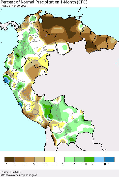 Northern South America Percent of Normal Precipitation 1-Month (CPC) Thematic Map For 3/11/2023 - 4/10/2023