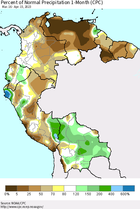 Northern South America Percent of Normal Precipitation 1-Month (CPC) Thematic Map For 3/16/2023 - 4/15/2023