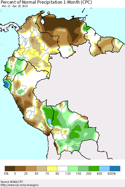 Northern South America Percent of Normal Precipitation 1-Month (CPC) Thematic Map For 3/21/2023 - 4/20/2023