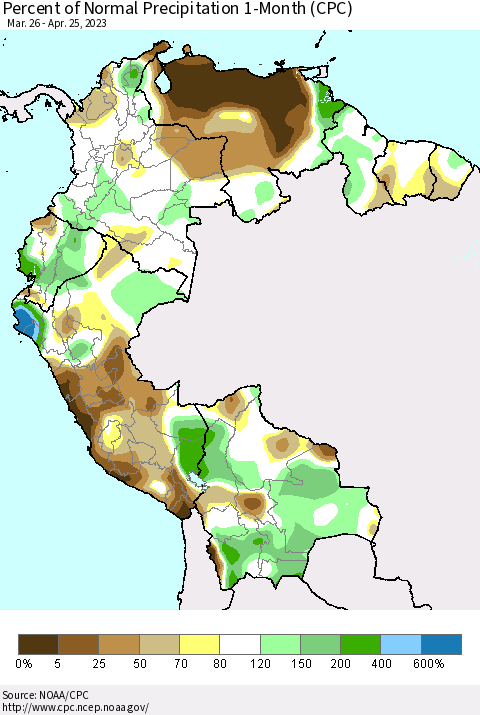 Northern South America Percent of Normal Precipitation 1-Month (CPC) Thematic Map For 3/26/2023 - 4/25/2023