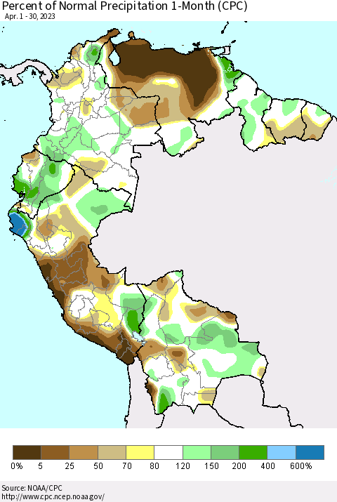 Northern South America Percent of Normal Precipitation 1-Month (CPC) Thematic Map For 4/1/2023 - 4/30/2023