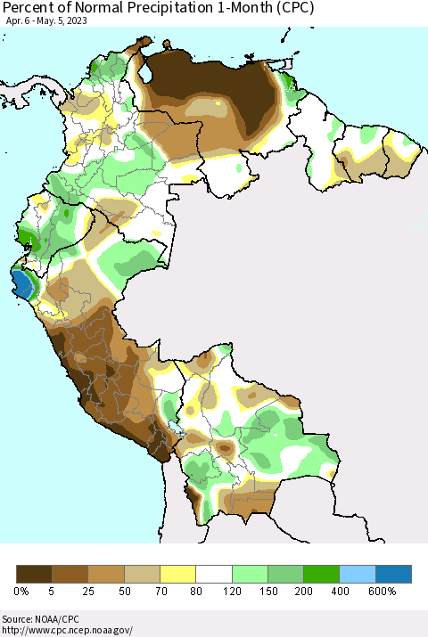 Northern South America Percent of Normal Precipitation 1-Month (CPC) Thematic Map For 4/6/2023 - 5/5/2023