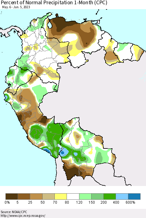 Northern South America Percent of Normal Precipitation 1-Month (CPC) Thematic Map For 5/6/2023 - 6/5/2023