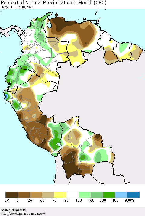 Northern South America Percent of Normal Precipitation 1-Month (CPC) Thematic Map For 5/11/2023 - 6/10/2023