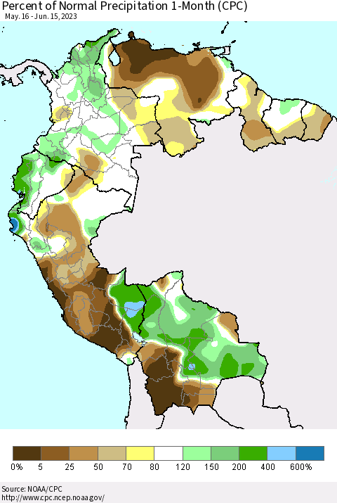 Northern South America Percent of Normal Precipitation 1-Month (CPC) Thematic Map For 5/16/2023 - 6/15/2023