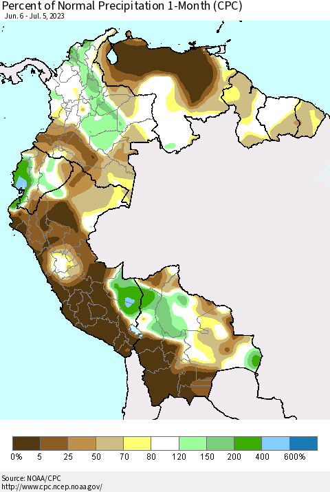 Northern South America Percent of Normal Precipitation 1-Month (CPC) Thematic Map For 6/6/2023 - 7/5/2023