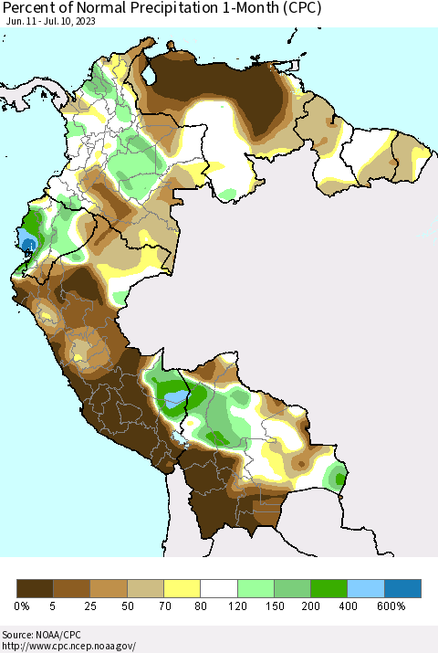 Northern South America Percent of Normal Precipitation 1-Month (CPC) Thematic Map For 6/11/2023 - 7/10/2023