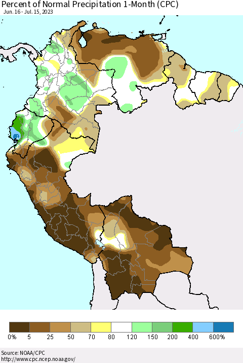 Northern South America Percent of Normal Precipitation 1-Month (CPC) Thematic Map For 6/16/2023 - 7/15/2023