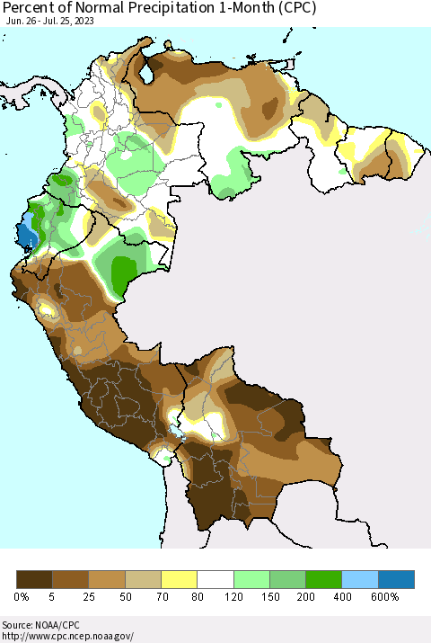 Northern South America Percent of Normal Precipitation 1-Month (CPC) Thematic Map For 6/26/2023 - 7/25/2023
