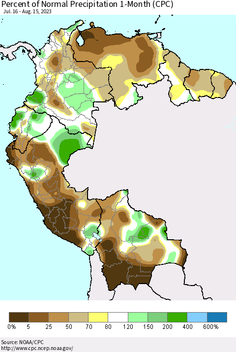Northern South America Percent of Normal Precipitation 1-Month (CPC) Thematic Map For 7/16/2023 - 8/15/2023