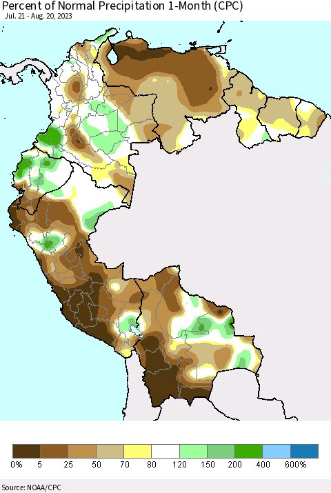 Northern South America Percent of Normal Precipitation 1-Month (CPC) Thematic Map For 7/21/2023 - 8/20/2023