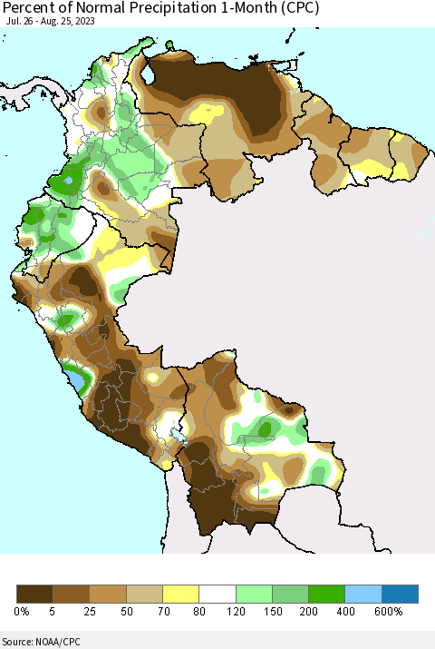 Northern South America Percent of Normal Precipitation 1-Month (CPC) Thematic Map For 7/26/2023 - 8/25/2023