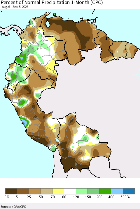 Northern South America Percent of Normal Precipitation 1-Month (CPC) Thematic Map For 8/6/2023 - 9/5/2023